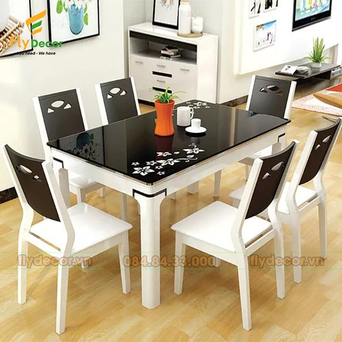 Bàn ăn mặt kính hình chữ nhật 6 ghế