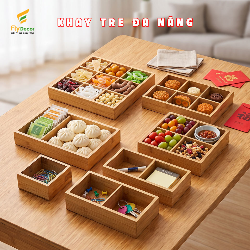 Các Mẫu Khay tre đa năng nhiều ngăn