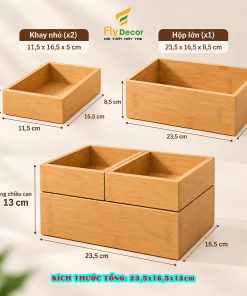 Kích thước hộp tre 3 món đựng đồ đa năng